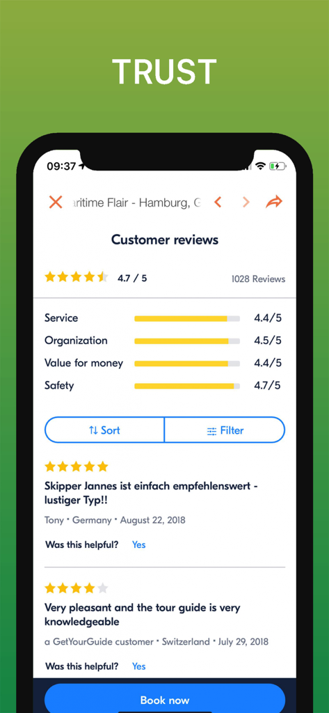 높은 신뢰도 점수를 받은 함부르크 여행 활동에 대한 고객 리뷰와 평가를 보여주는 모바일 화면