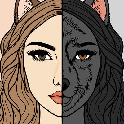 split face realistic woman and wolf
