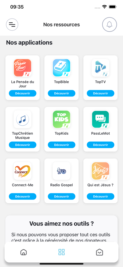 TopChrétien - Interface showing a list of French Christian applications including TopBible TopTV and Radio Gospel