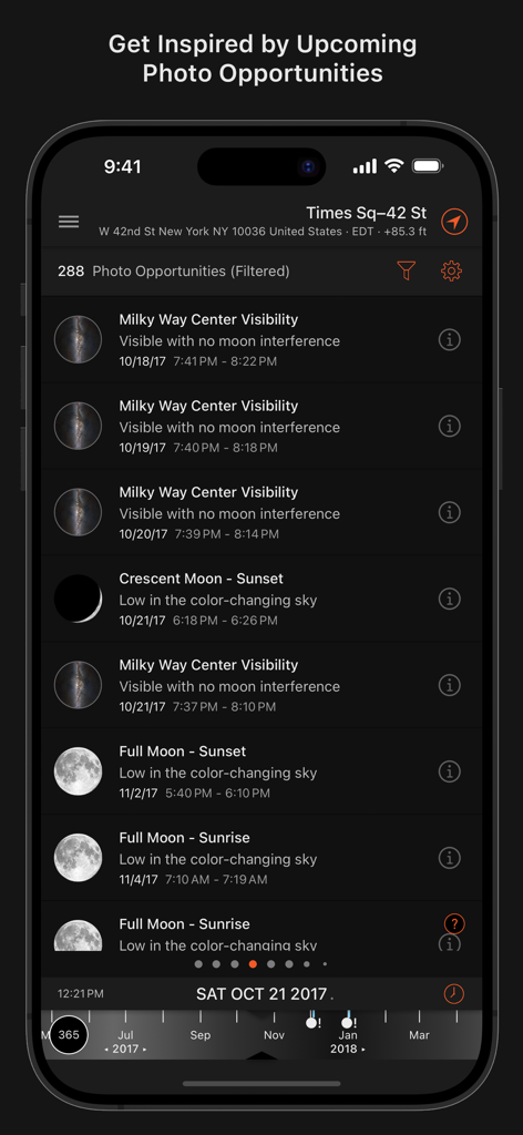 App screen listing upcoming celestial photo opportunities like Milky Way visibility and moon phases.