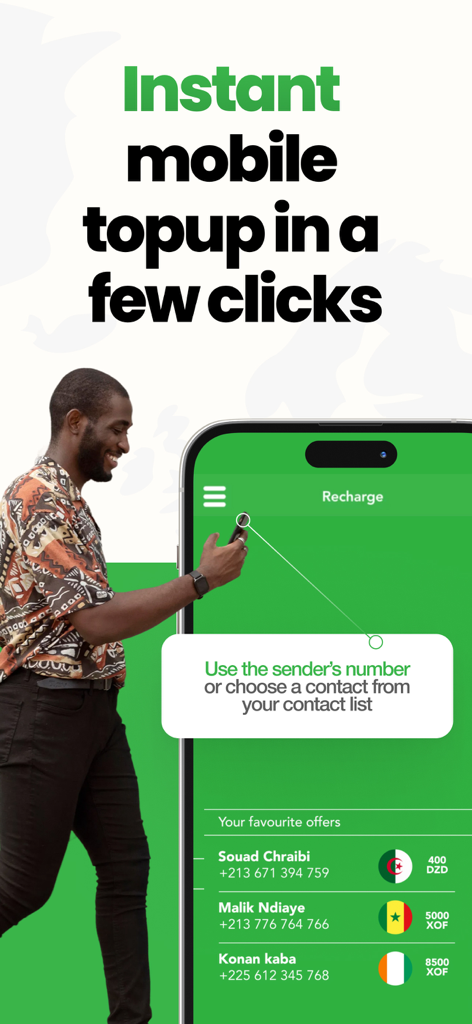 Sift Phone Recharge & Top up - Interface of Sift app for instant mobile top ups with international contact list for Senegal and Algeria