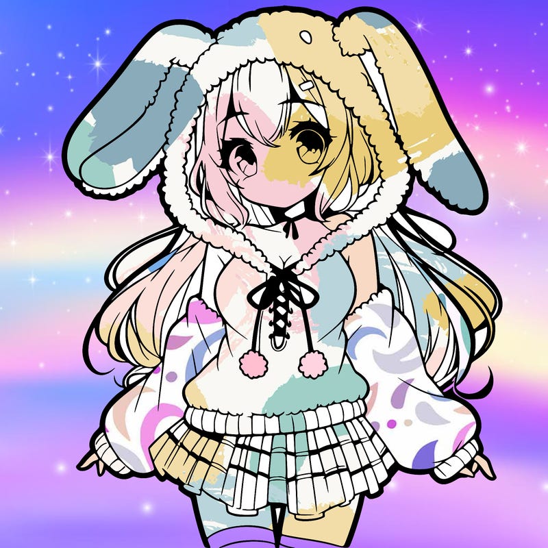 pretty anime girl wearing a fluffy hoodie with bunny ears on the hood and a skirt