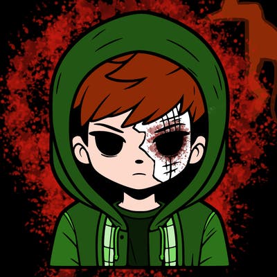 a boy with short hair dressed in a hoodie with a scar across his face that goes from the top right side of his face down to the bottom left side of his neck