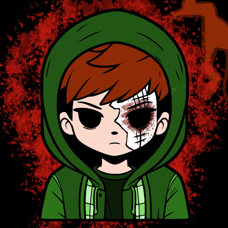 a boy with short hair dressed in a hoodie with a scar across his face that goes from the top right side of his face down to the bottom left side of his neck