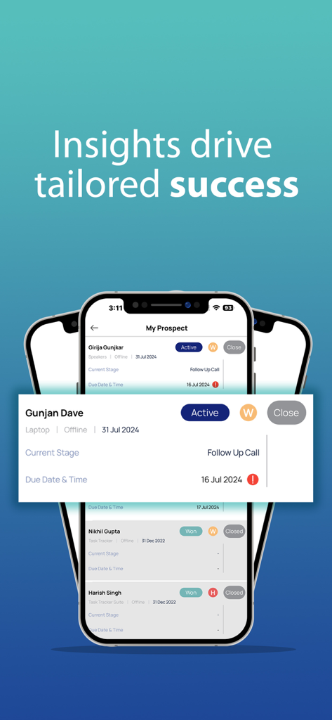 Sales-Tracker - Mobile CRM interface showing a list of active sales prospects with status updates and follow up call reminders