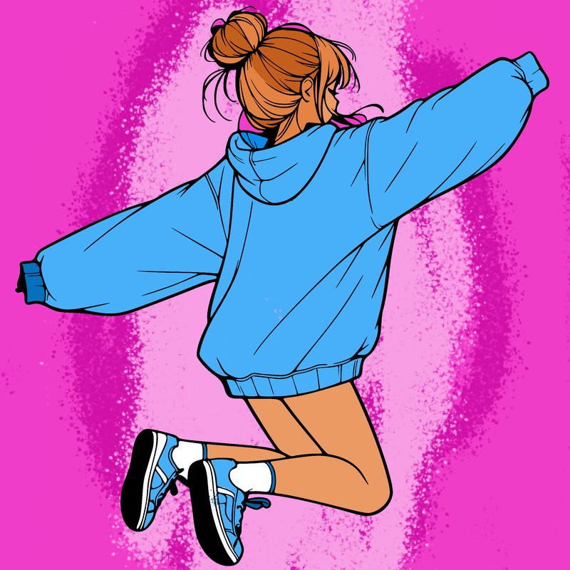 realistic girl jumping with a bun and oversized sweatshirt