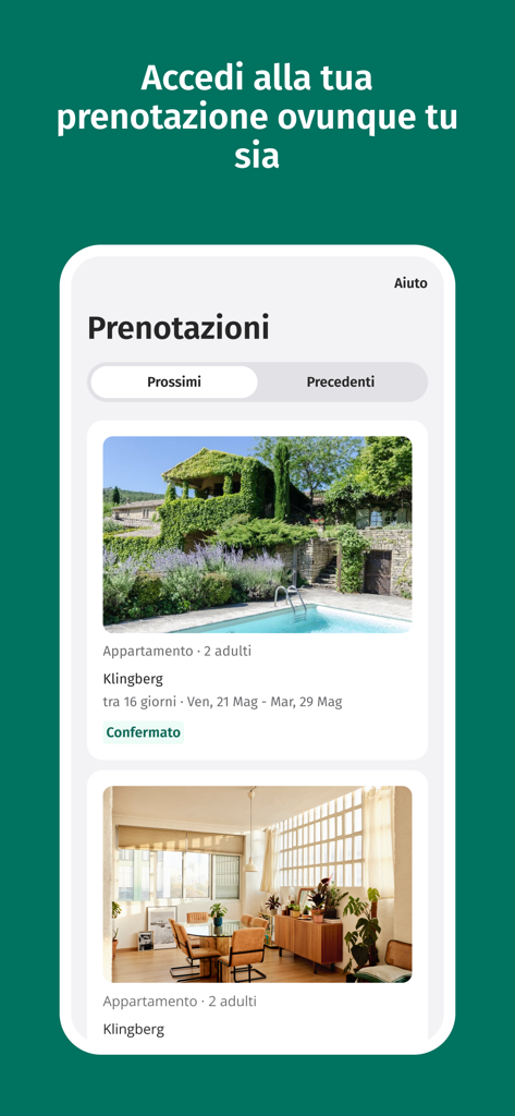 Schermata dell'app CaseVacanza che mostra un elenco di prenotazioni di affitti vacanze imminenti e passate in Italia
