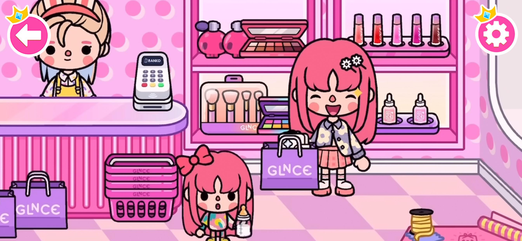 Ein bunter Cartoon-Laden für Make-up mit Charakteren und Beauty-Produkten im Angebot