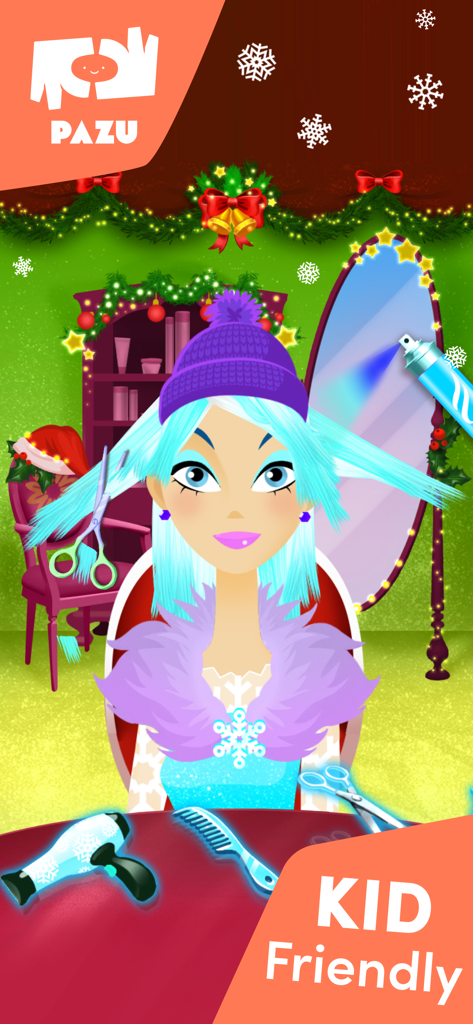 A character with blue hair in a Christmas themed hair salon with styling tools and holiday decorations