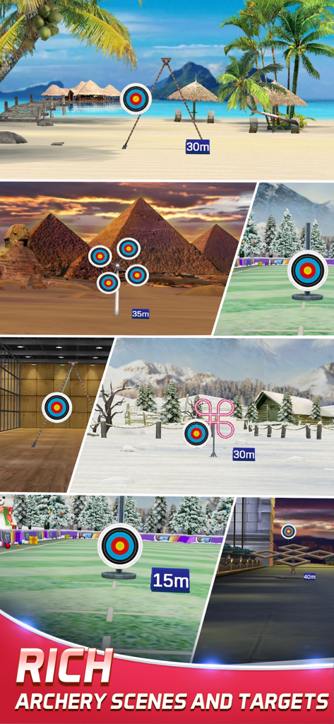 Archery Elite™ - Shooting King - Archery Eliteゲームにおける多様な3Dアーチェリー環境と的のコラージュ。
