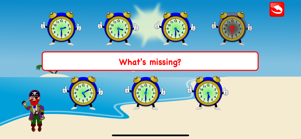 Second Grade Math Games Kids - Educational game for kids to learn telling time with analog clocks and a pirate background.