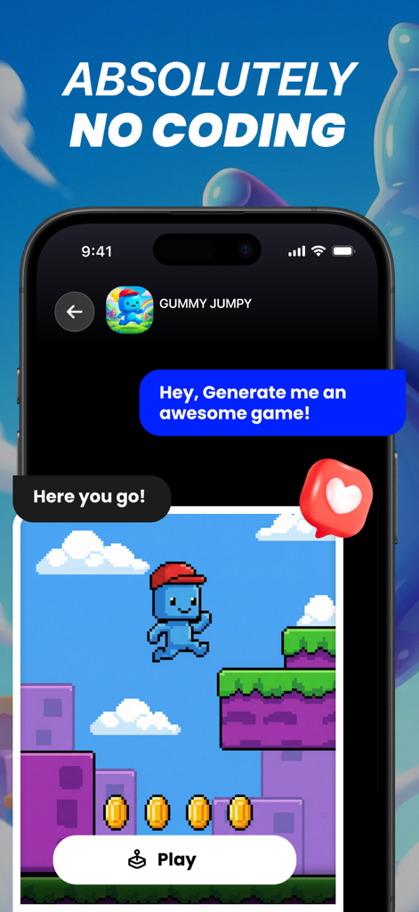 Oberfläche von Gummy AI Game Maker, die ein 2D-Plattformer-Spiel zeigt, das über eine Chat-Eingabeaufforderung ohne Programmierung generiert wurde.