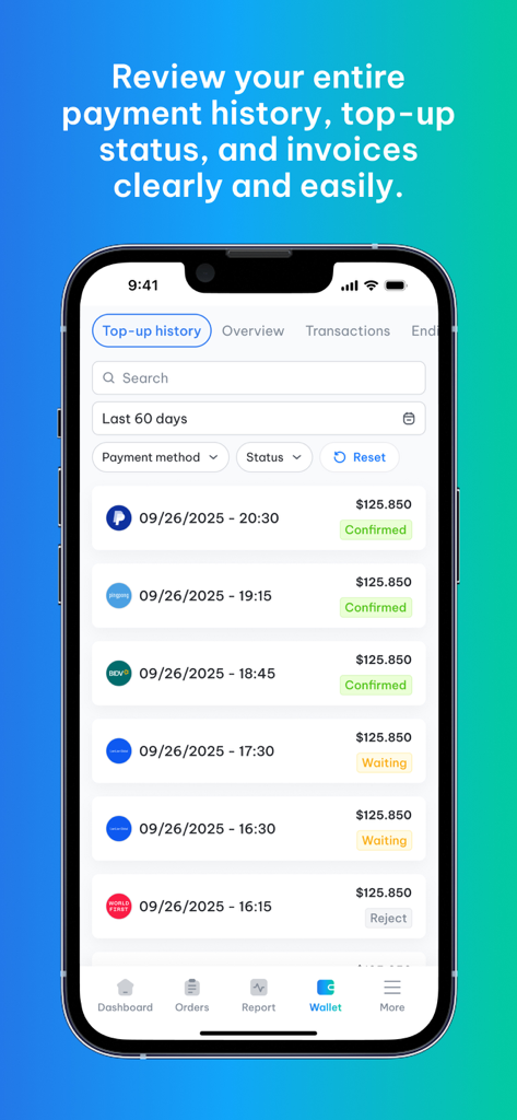 Interfaccia dell'app FlashPOD che mostra la cronologia dei ricariche di pagamento e lo stato delle transazioni