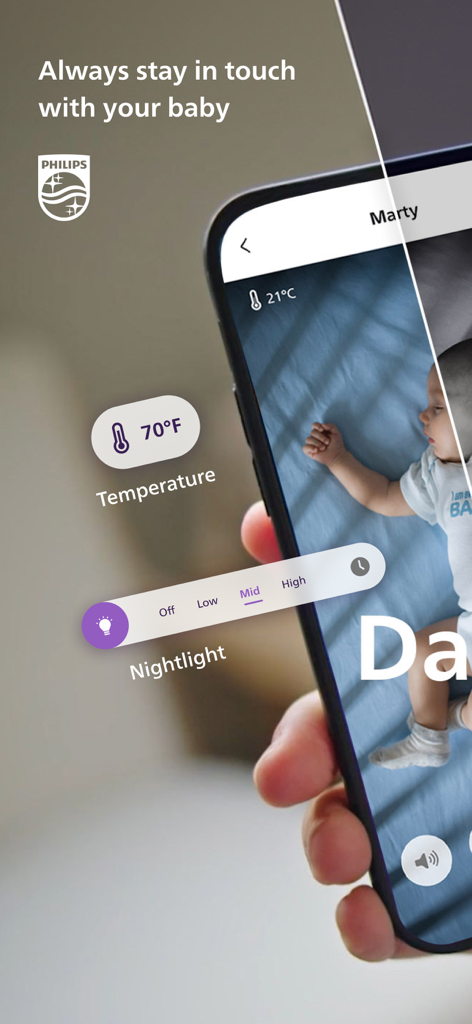 Philips Avent Baby Monitor+ - Pantalla de smartphone que muestra la aplicación Philips Avent Baby Monitor con un video en vivo de un bebé durmiendo, visualización de temperatura y ajustes de luz nocturna.