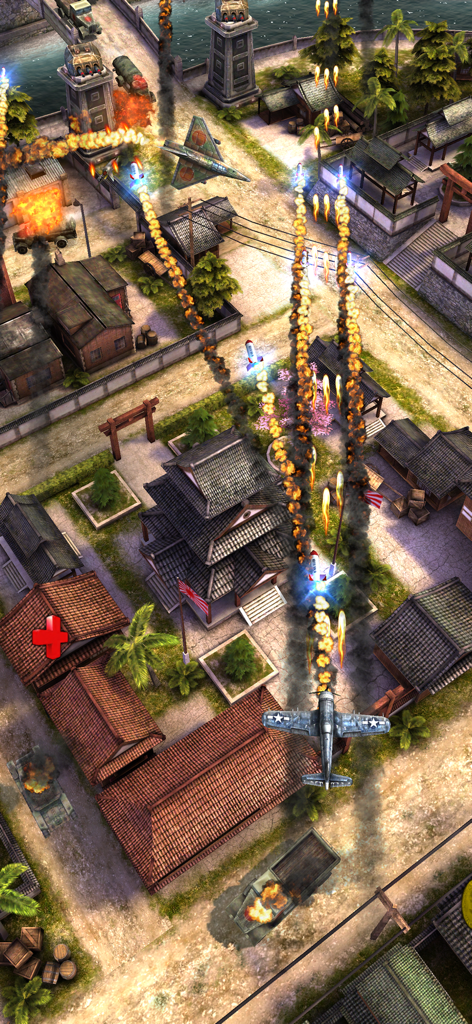 AirAttack 2 - Top-down aerial combat in AirAttack 2 showing a fighter plane attacking a village with explosions
