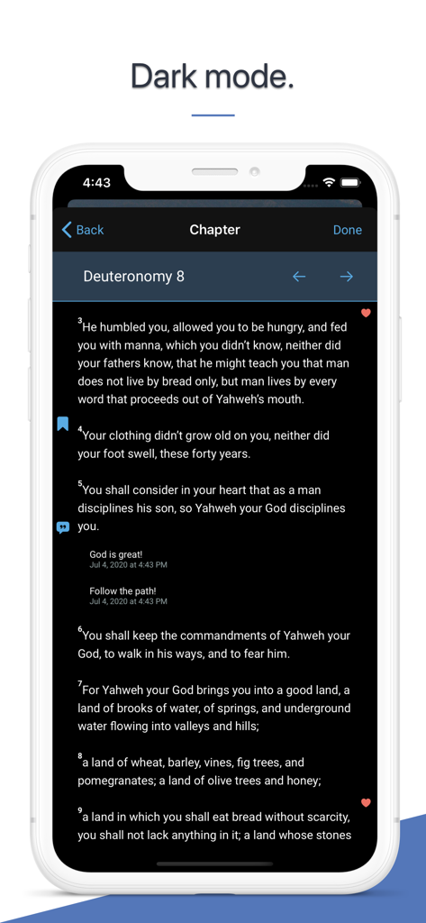 Interface do modo escuro do aplicativo Bible Thoughts exibindo escritura de Deuteronômio e notas do usuário
