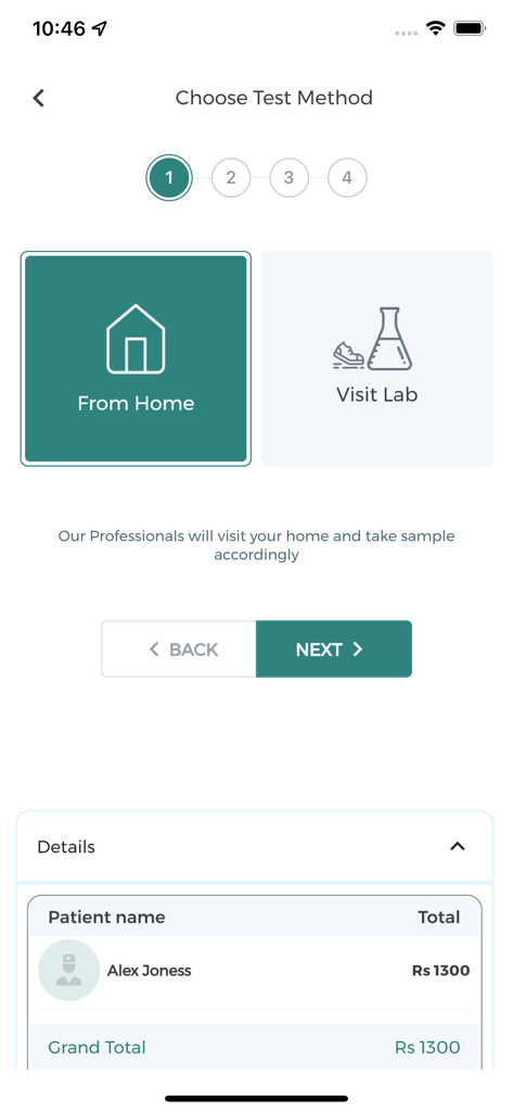Cura Health app screen showing options to choose between a home test sample collection or visiting a lab