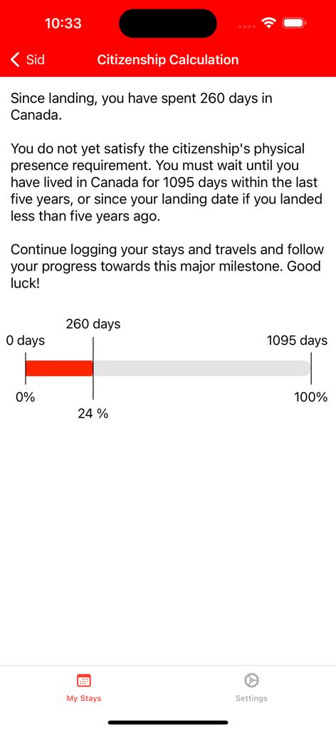 Canada PR Calculator - Écran de calcul de citoyenneté montrant la barre de progression de la présence physique