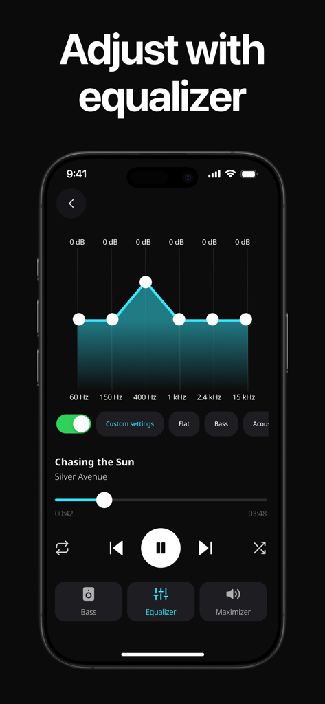 Écran de réglage de l'égaliseur dans l'application mobile Bass Booster et Volume Boost