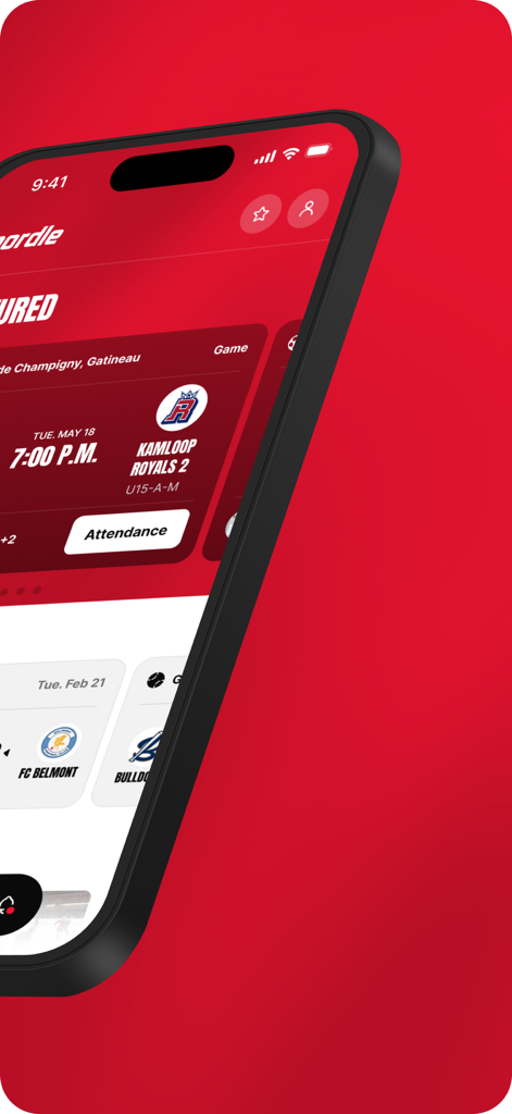 Spordle - A smartphone screen displaying the Spordle app with a team game schedule and an attendance management button.
