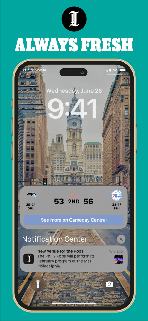 An iPhone lock screen displaying a Philadelphia Inquirer news notification and a live 76ers basketball score widget.