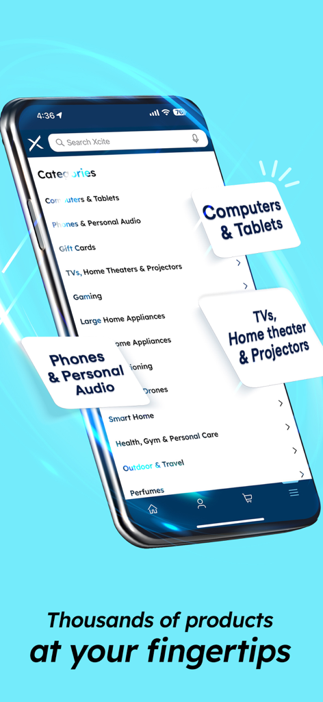 Xcite Online Shopping - Xcite app interface displaying product categories for electronics and home appliances