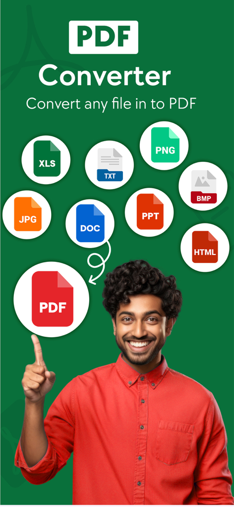 Um homem sorridente apontando para vários ícones de arquivo como DOC e JPG sendo convertidos para PDF