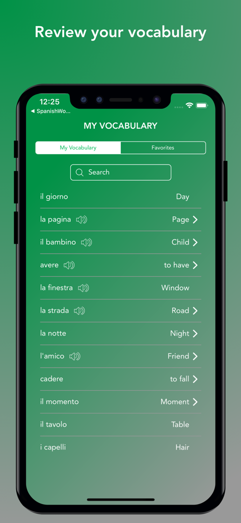 Tobo: Learn Italian Vocabulary - The vocabulary review screen of the Tobo Italian app displaying a list of words with their English translations