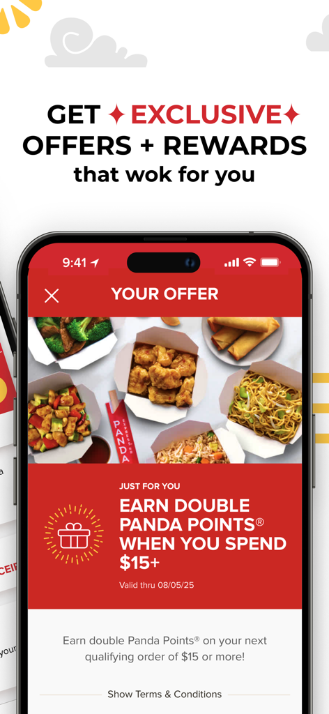 Tela do aplicativo móvel Panda Express destacando recompensas exclusivas e ofertas de Pontos Panda em dobro