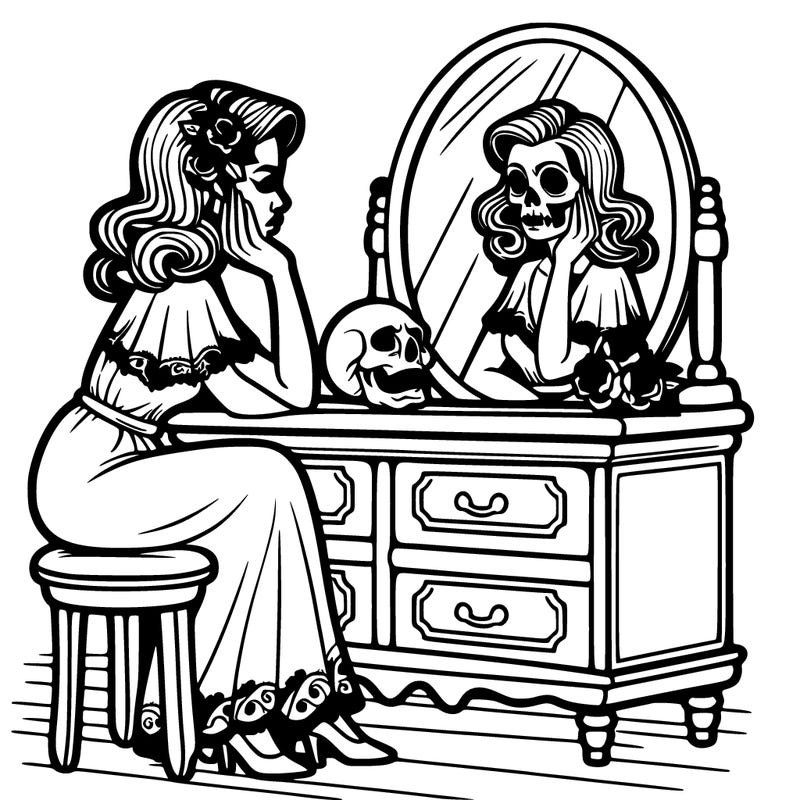 realistic woman sitting in front of a vanity with a skull reflected in the mirror