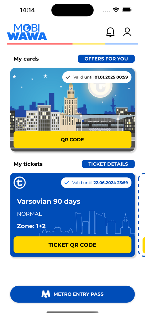 mobiWAWA - Dashboard of the mobiWAWA app displaying a digital resident card and a 90-day Warsaw public transport ticket