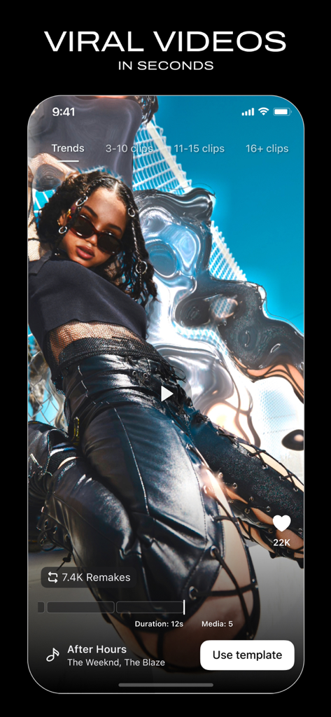 Ein Smartphone-Bildschirm, der eine virale KI-Video-Vorlage mit angesagter Musik für Social-Media-Reels anzeigt.