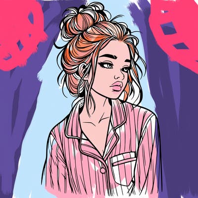 realistic woman with pajamas on and a messy bun