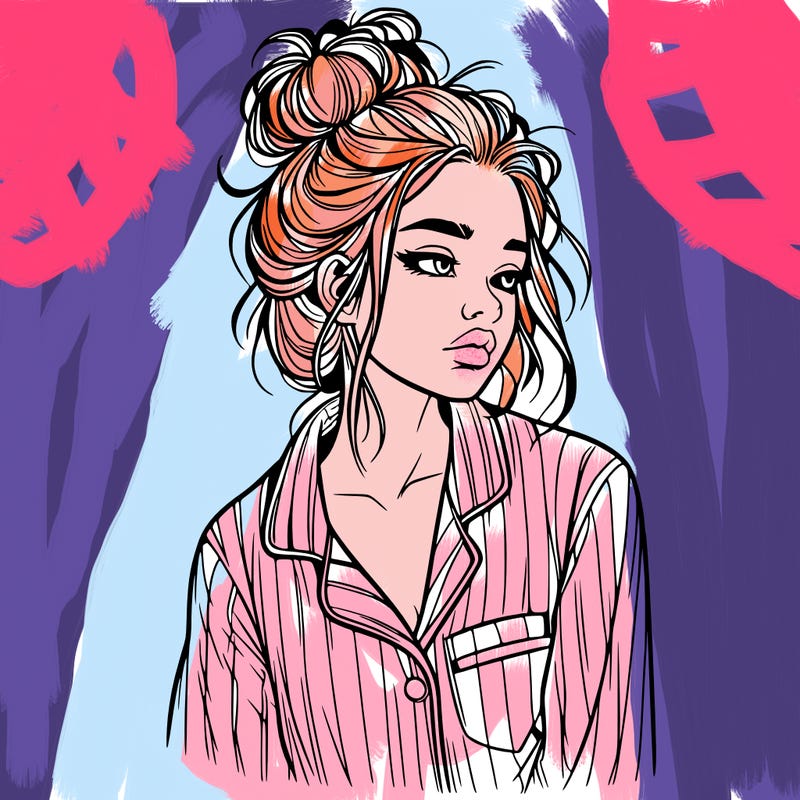 realistic woman with pajamas on and a messy bun