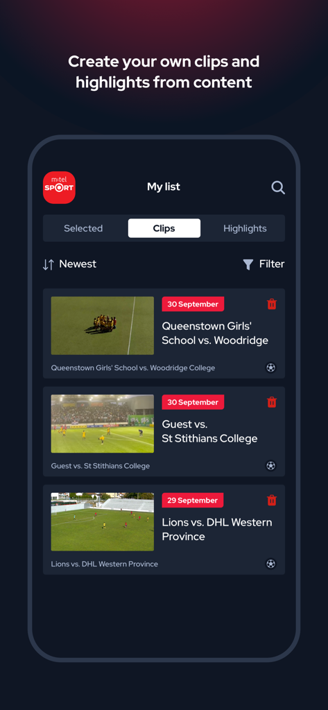 Écran de smartphone montrant la section Ma liste de l'application m:tel Sport avec des clips et des faits saillants de matchs de football.