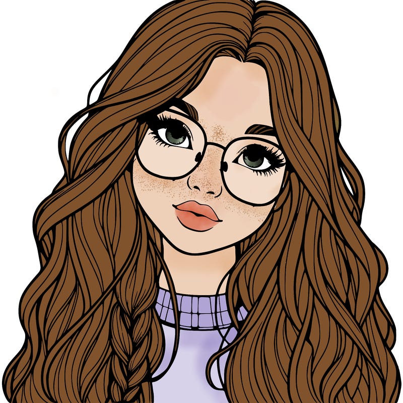 girl with long hair and freckles and glasses realistic