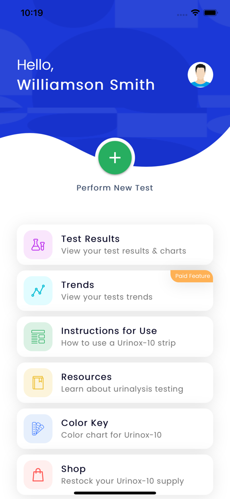 Urinox - Urinox app dashboard with menu for test results health trends and dipstick instructions