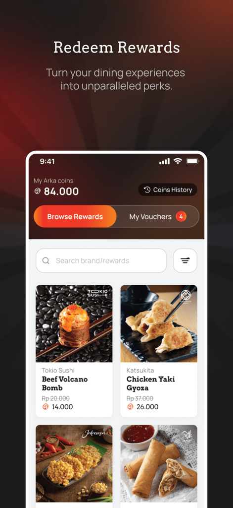 Arka Rewards - Arka Rewards app screen showing loyalty coin balance and redeemable dining items like sushi and gyoza.