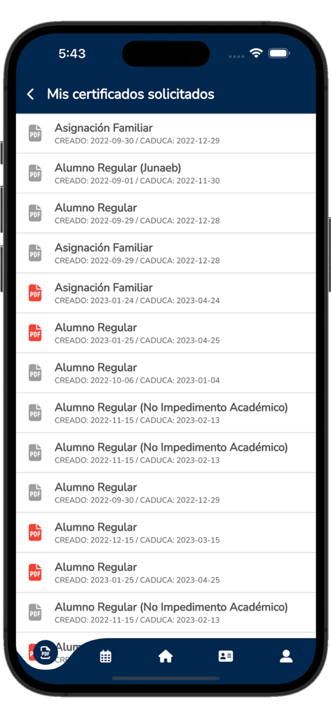 Mi Finis - List of requested academic certificates and PDF documents in the Mi Finis student portal app
