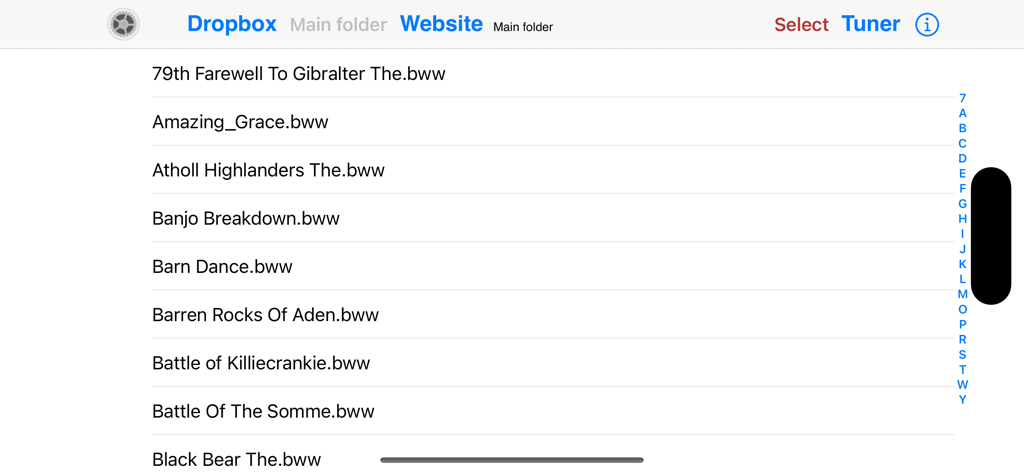 A list of bagpipe music tunes in BWW format within the app library
