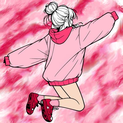 realistic girl jumping with a bun and oversized sweatshirt