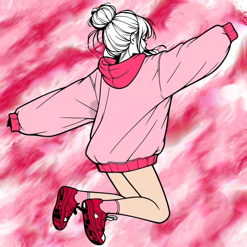 realistic girl jumping with a bun and oversized sweatshirt