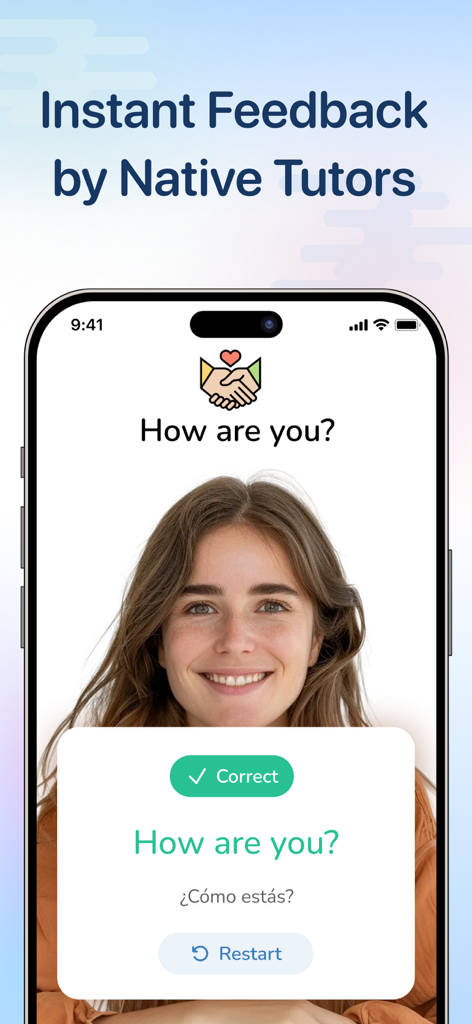 A female AI video tutor providing real-time pronunciation feedback on an English lesson in the Lingo AI app.