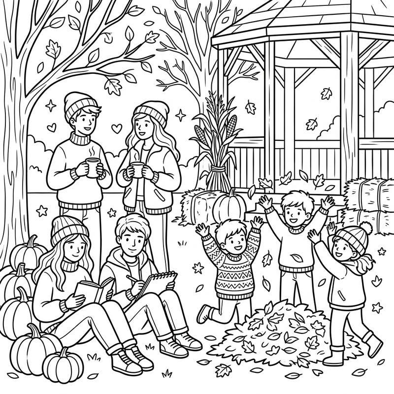 Celebrate the warmth of friendship and the beauty of fall with this charming coloring page featuring a lively youth group. From cozy conversations to playful leaf piles, this scene perfectly captures the spirit of autumn togetherness.