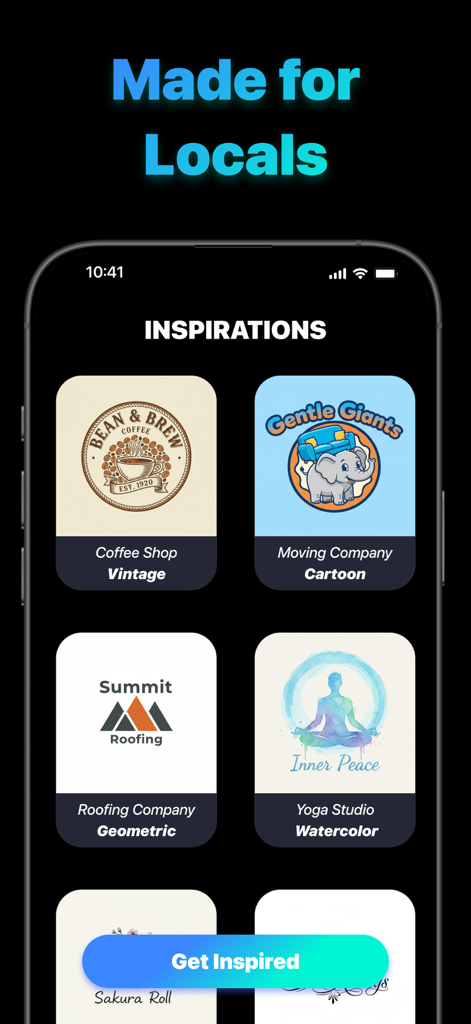 Kitnex 앱 인터페이스에 소규모 지역 비즈니스를 위한 로고 디자인 영감이 표시됩니다.