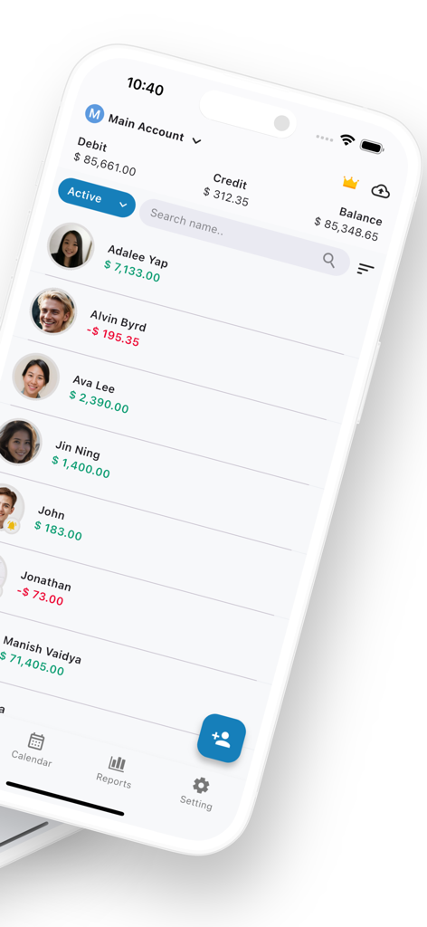 EzDebt Book - Debt Manager - EzDebt Book interface showing a list of borrowers and lenders with their credit and debit totals