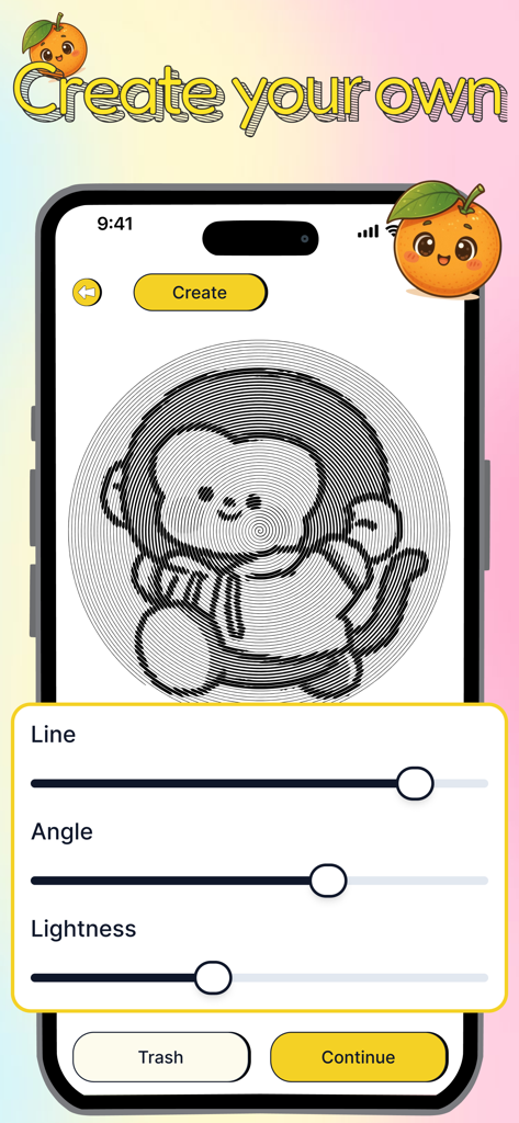 Spiral Art: Portrait Drawing - Interfaz de aplicación móvil que muestra un dibujo de arte en espiral de un lindo mono con controles deslizantes de personalización para el ángulo de la línea y la luminosidad