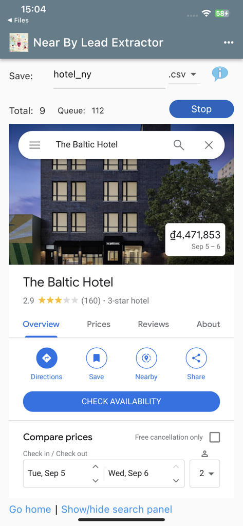 Near By Lead Extractor app interface showing a hotel search result and lead data extraction status