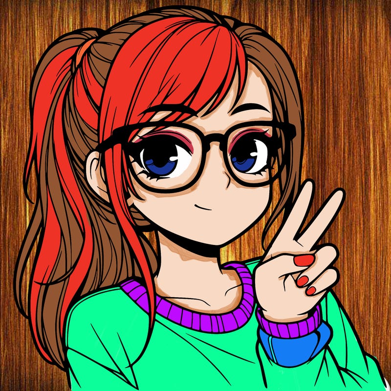 realistic girl with ponytail glasses and doing the peace