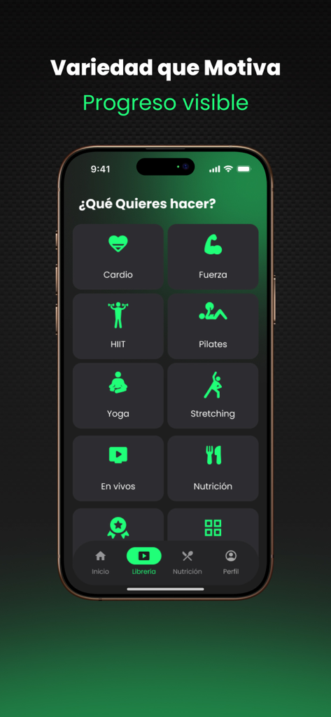 Interfaz de la aplicación TurboSteps que muestra categorías de entrenamiento como cardio, HIIT, yoga y nutrición